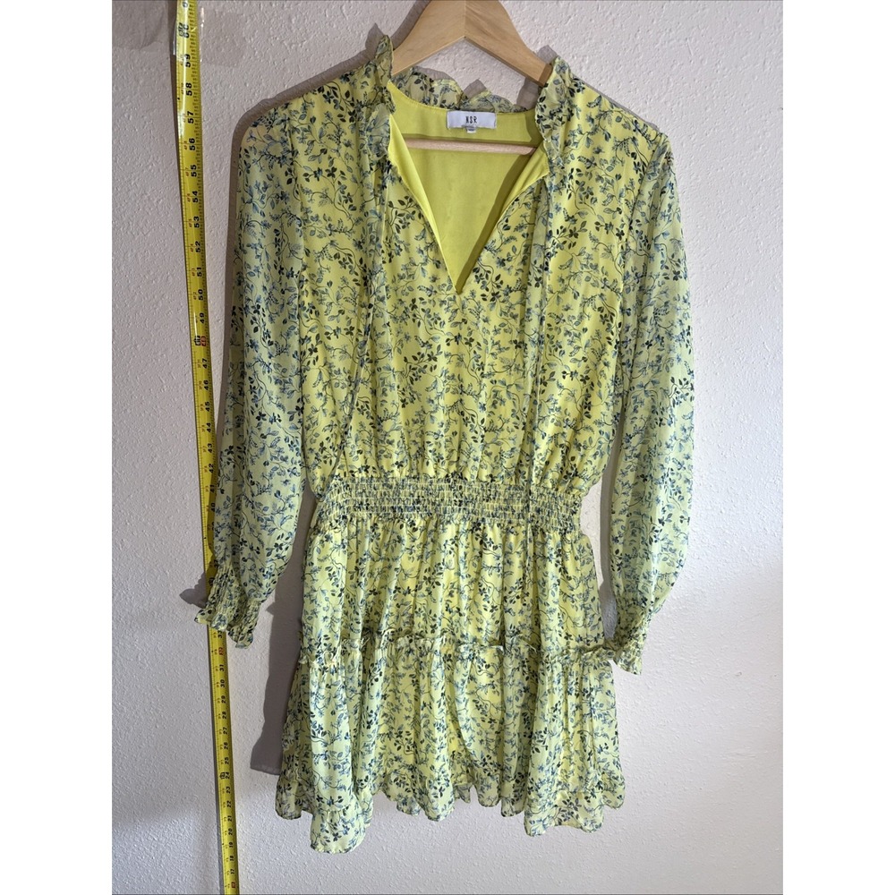 NSR Medium Yellow Floral Print Mini Dress Long Sleeve Ruffle Layered CottageCore